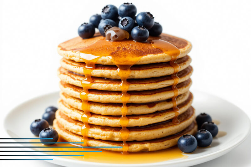 Stack of protein pancakes with blueberries and syrup.