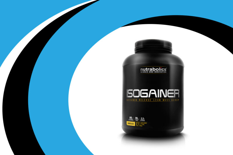 Nutrabolics ISOgainer protein supplement in chocolate flavor, featured by FL Nutrition for sustained release lean mass support.