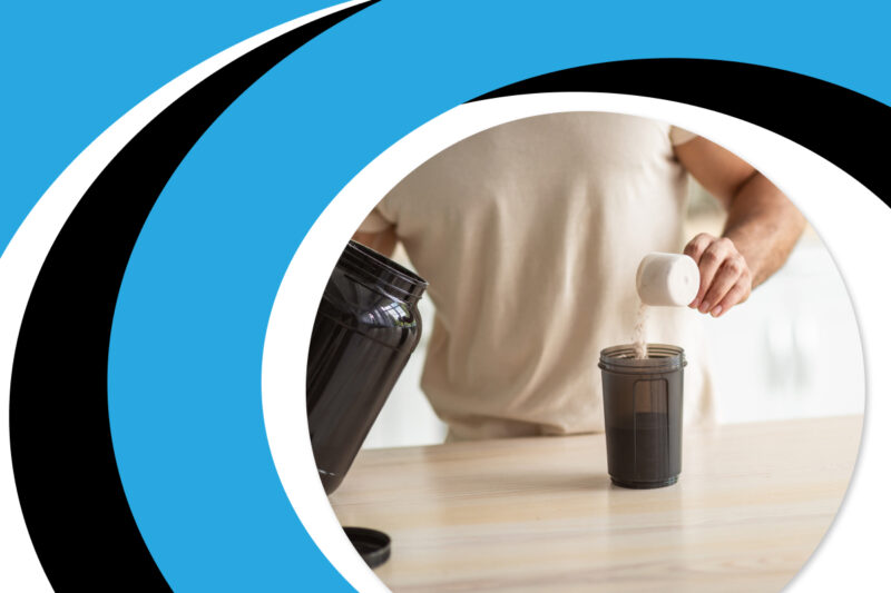 A man pours a serving of protein supplements into his drink. Firstline Nutrition is ready to help you start your day or exercise with BCAAs or EAAs.