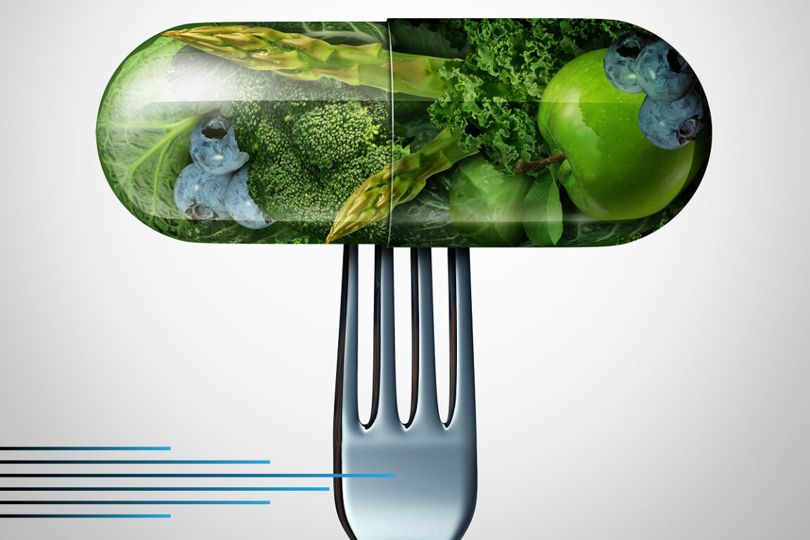 A dining fork sticks into a pill full of vegetables and healthy edibles. Firstline Nutrition is proud to offer a wide range of supplements to aid you in your health journey.