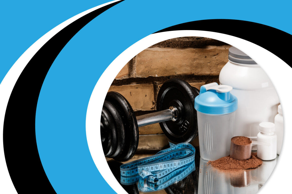 A collection of fitness tools and edibles.